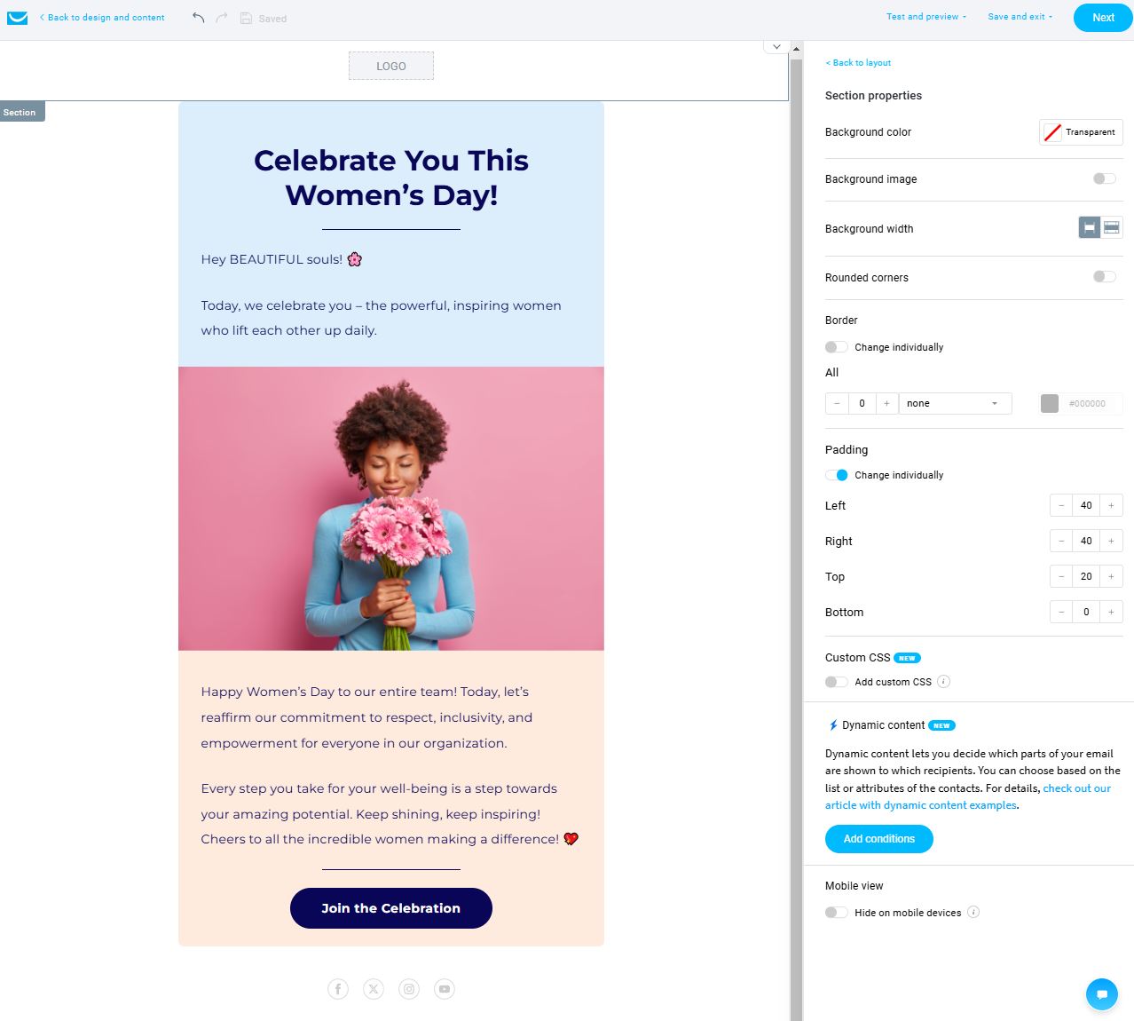 GetResponse's email generator with a template for Women's day